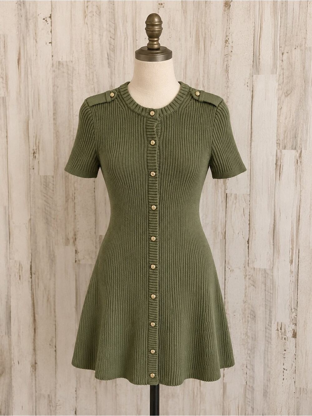 French Connection Olive Green Ribbed Knit Mini Dress XS Gold Button Short Sleeve
